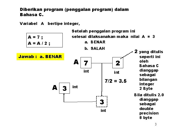 Diberikan program (penggalan program) dalam Bahasa C. Variabel A bertipe integer, Setelah penggalan program