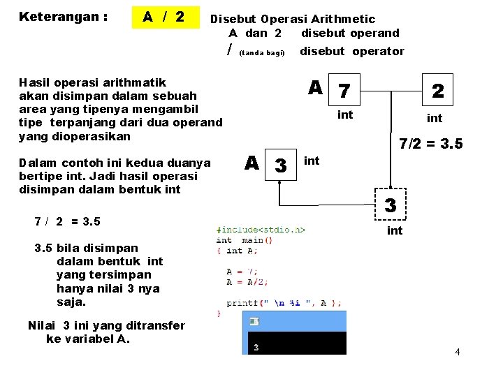 Keterangan : A / 2 Disebut Operasi Arithmetic A dan 2 disebut operand /