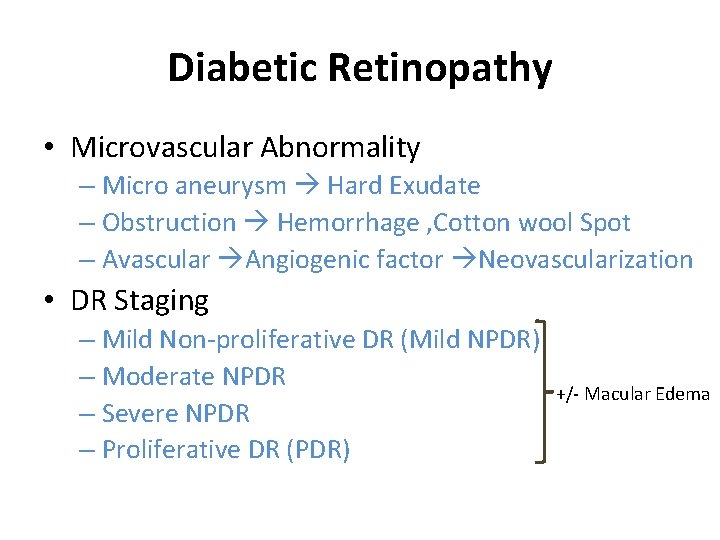 Diabetic Retinopathy • Microvascular Abnormality – Micro aneurysm Hard Exudate – Obstruction Hemorrhage ,