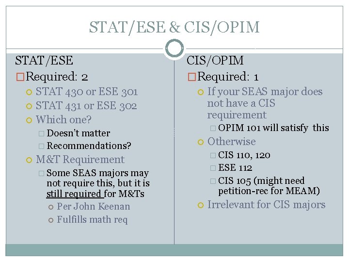 STAT/ESE & CIS/OPIM STAT/ESE �Required: 2 STAT 430 or ESE 301 STAT 431 or