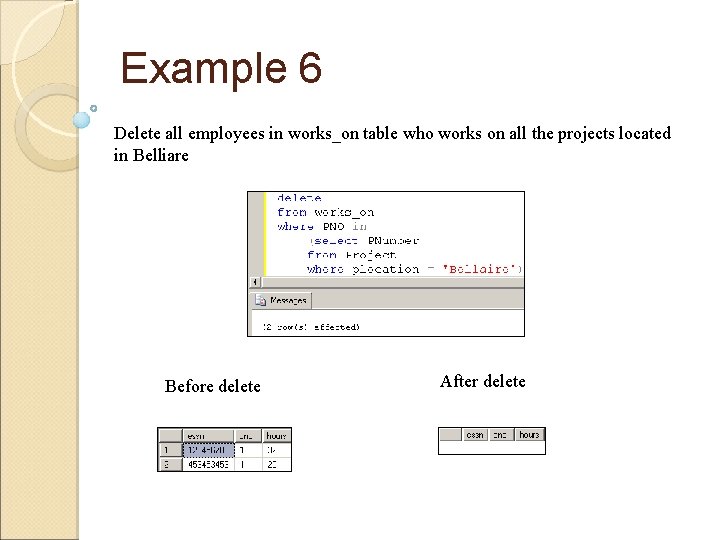 Example 6 Delete all employees in works_on table who works on all the projects