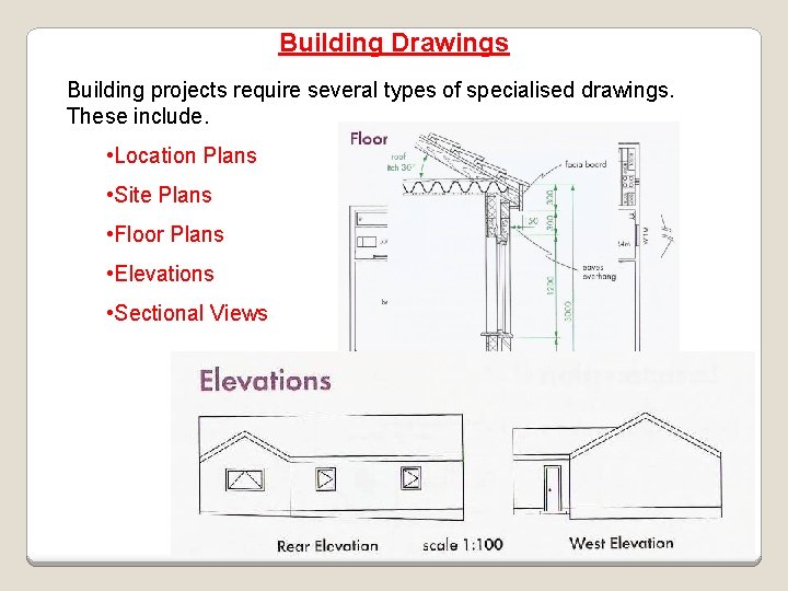 Building Drawings Building projects require several types of specialised drawings. These include. • Location