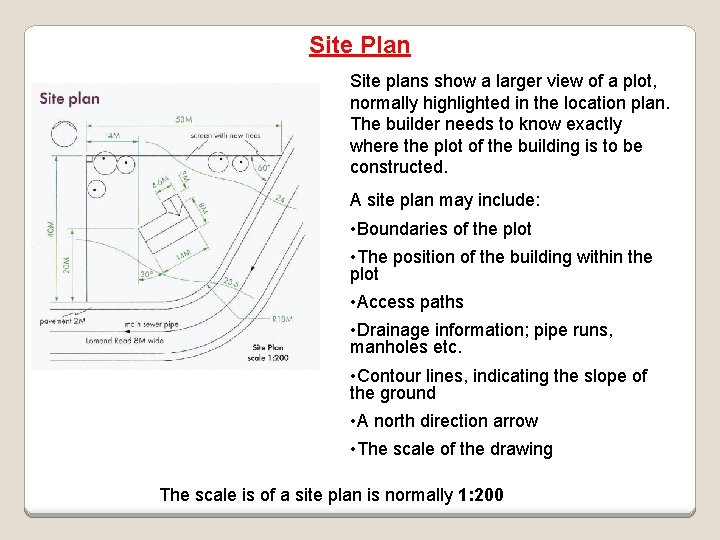 Site Plan Site plans show a larger view of a plot, normally highlighted in