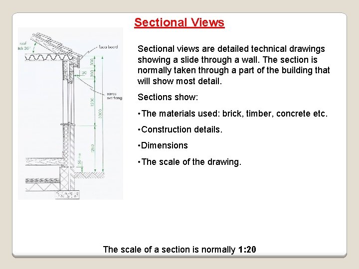 Sectional Views Sectional views are detailed technical drawings showing a slide through a wall.