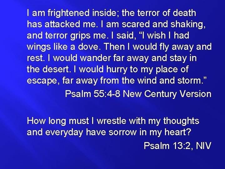 I am frightened inside; the terror of death has attacked me. I am scared