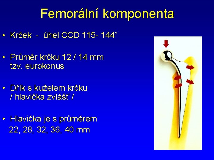 Femorální komponenta • Krček - úhel CCD 115 - 144˚ • Průměr krčku 12