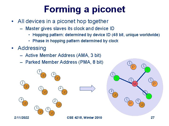 Forming a piconet • All devices in a piconet hop together – Master gives