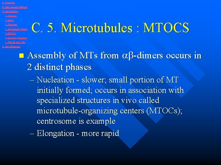 A. Overview B. Experimental Methods C. Microtubules 1. Structure 2. MAPs 3. Functions 4.