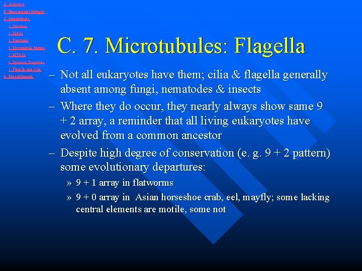 A. Overview B. Experimental Methods C. Microtubules 1. Structure 2. MAPs 3. Functions 4.