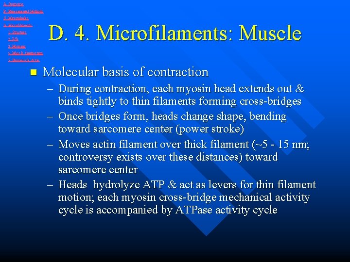 A. Overview B. Experimental Methods C. Microtubules D. 4. Microfilaments: Muscle D. Microfilaments 1.