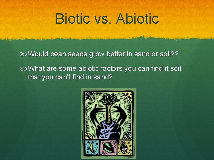 Biotic vs. Abiotic Would bean seeds grow better in sand or soil? ? What