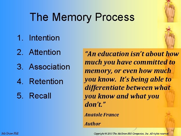 The Memory Process 1. Intention 2. Attention 3. Association 4. Retention 5. Recall “An