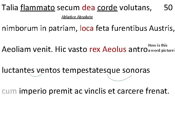 Talia flammato secum dea corde volutans, 50 Ablative Absolute nimborum in patriam, loca feta