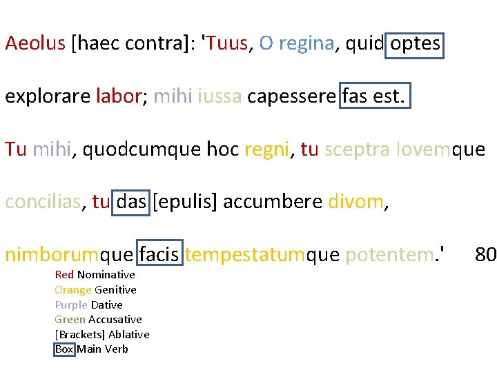 Aeolus [haec contra]: 'Tuus, O regina, quid optes explorare labor; mihi iussa capessere fas