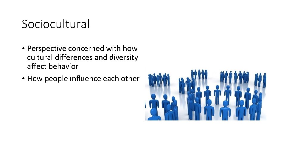 Sociocultural • Perspective concerned with how cultural differences and diversity affect behavior • How