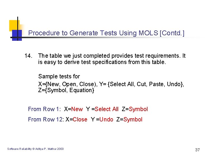 Procedure to Generate Tests Using MOLS [Contd. ] 14. The table we just completed