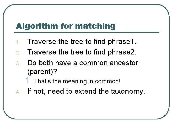 Algorithm for matching 1. 2. 3. Traverse the tree to find phrase 1. Traverse