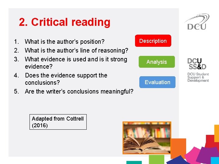 2. Critical reading Description 1. What is the author’s position? 2. What is the