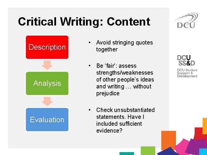 Critical Writing: Content Description Analysis Evaluation • Avoid stringing quotes together • Be ‘fair’: