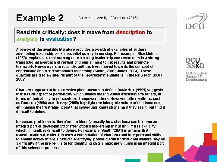 Example 2 Source: University of Cumbria (2017) Read this critically: does it move from