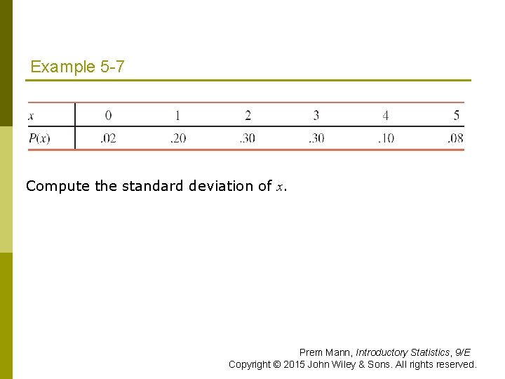 Example 5 -7 Compute the standard deviation of x. Prem Mann, Introductory Statistics, 9/E