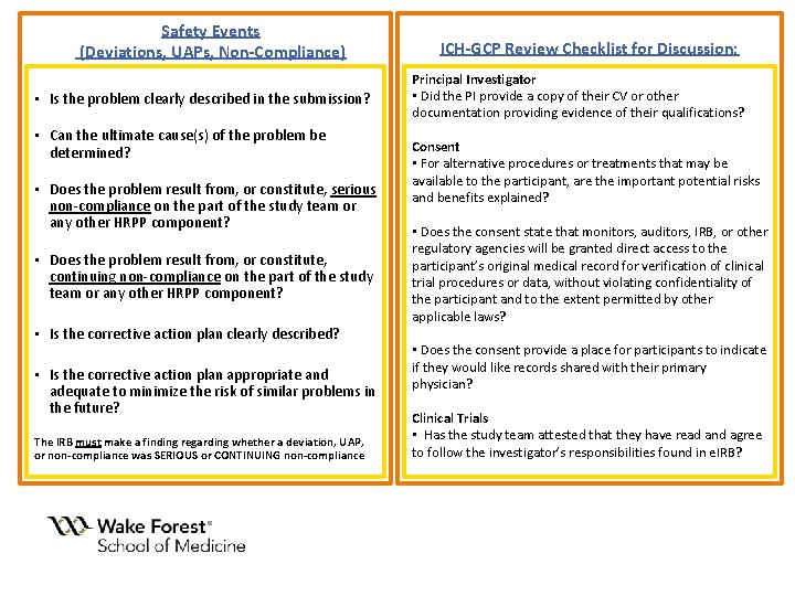 Safety Events (Deviations, UAPs, Non-Compliance) • Is the problem clearly described in the submission?