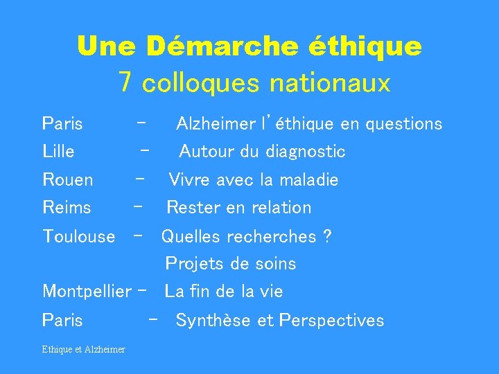 Une Démarche éthique 7 colloques nationaux Paris Alzheimer l’éthique en questions Lille Autour du