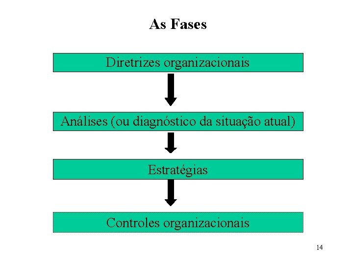 As Fases Diretrizes organizacionais Análises (ou diagnóstico da situação atual) Estratégias Controles organizacionais 14