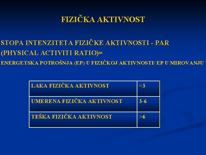 FIZIČKA AKTIVNOST STOPA INTENZITETA FIZIČKE AKTIVNOSTI - PAR (PHYSICAL ACTIVITI RATIO)= ENERGETSKA POTROŠNJA (EP)