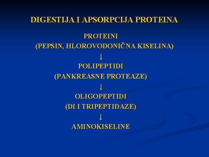 DIGESTIJA I APSORPCIJA PROTEINI (PEPSIN, HLOROVODONIČNA KISELINA) ↓ POLIPEPTIDI (PANKREASNE PROTEAZE) ↓ OLIGOPEPTIDI (DI