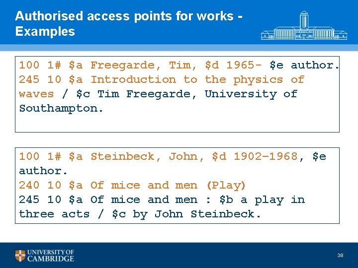 Authorised access points for works Examples 100 1# $a Freegarde, Tim, author. 245 10