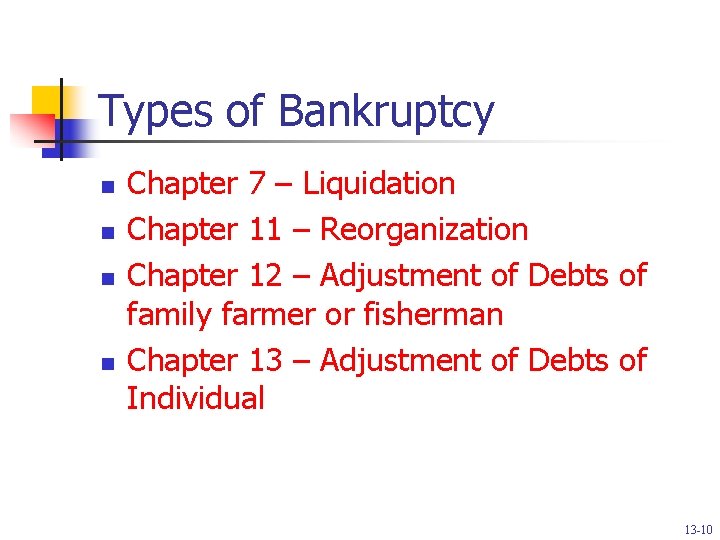 Types of Bankruptcy n n Chapter 7 – Liquidation Chapter 11 – Reorganization Chapter