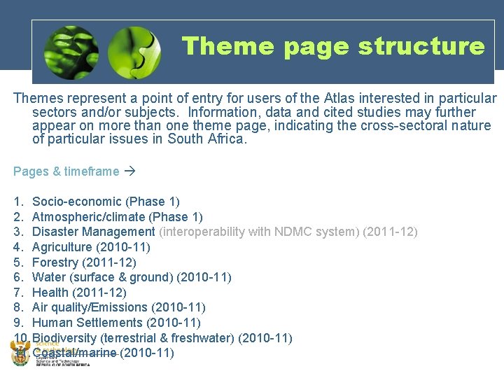 Theme page structure Themes represent a point of entry for users of the Atlas