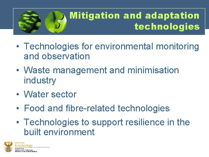 Mitigation and adaptation technologies • Technologies for environmental monitoring and observation • Waste management