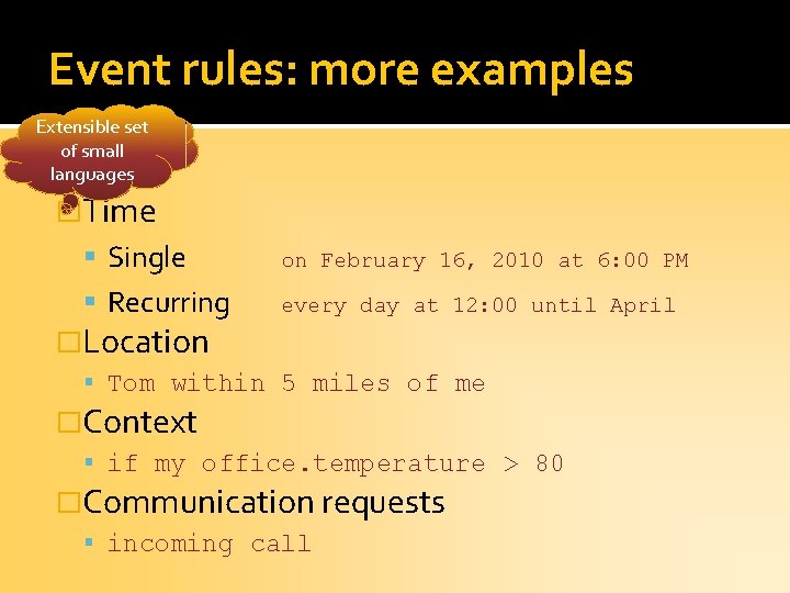 Event rules: more examples Extensible set of small languages �Time Single on February 16,