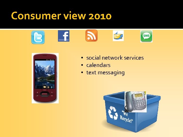 Consumer view 2010 • social network services • calendars • text messaging 