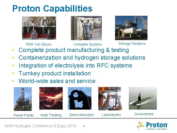 Proton Capabilities PEM Cell Stacks • • • Complete Systems Storage Solutions Complete product