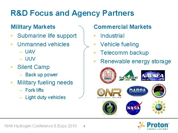 R&D Focus and Agency Partners Military Markets • Submarine life support • Unmanned vehicles