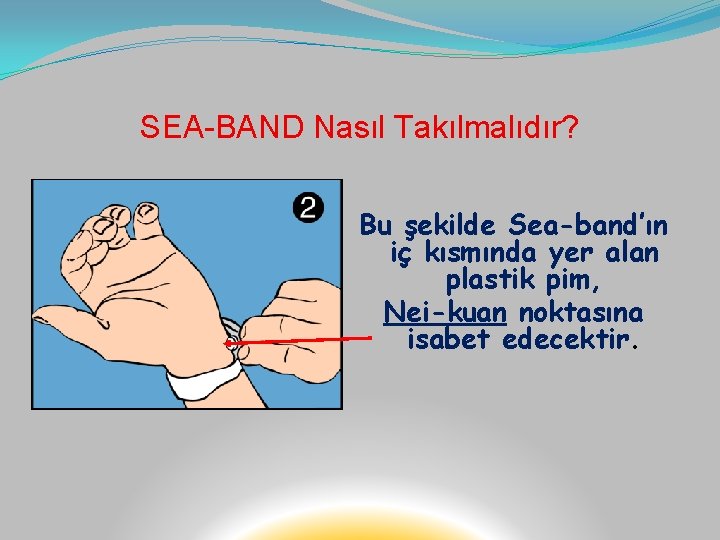 SEA-BAND Nasıl Takılmalıdır? Bu şekilde Sea-band’ın iç kısmında yer alan plastik pim, Nei-kuan noktasına