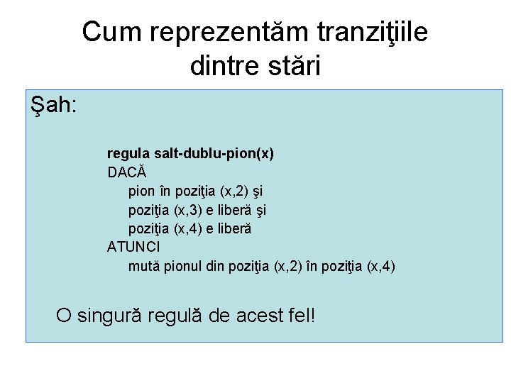 Cum reprezentăm tranziţiile dintre stări Şah: regula salt-dublu-pion(x) DACĂ pion în poziţia (x, 2)