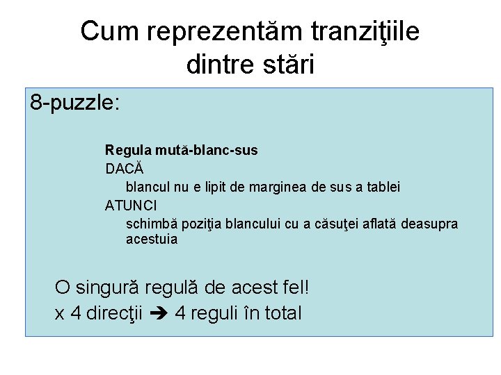 Cum reprezentăm tranziţiile dintre stări 8 -puzzle: Regula mută-blanc-sus DACĂ blancul nu e lipit
