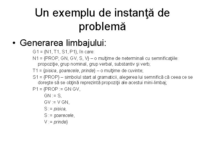 Un exemplu de instanţă de problemă • Generarea limbajului: G 1 = {N 1,