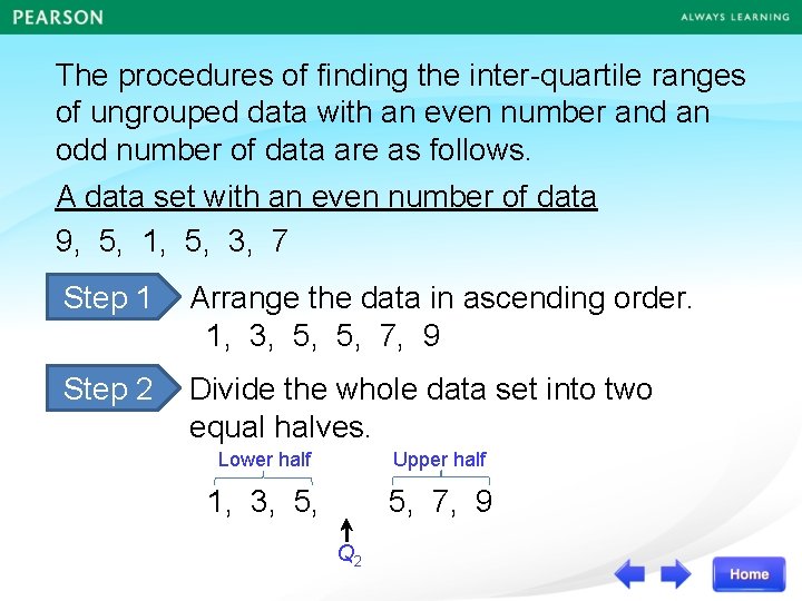 The procedures of finding the inter-quartile ranges of ungrouped data with an even number