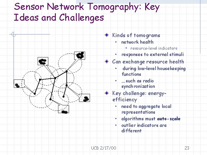 Sensor Network Tomography: Key Ideas and Challenges Kinds of tomograms • network health •
