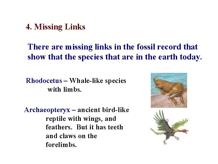 4. Missing Links There are missing links in the fossil record that show that