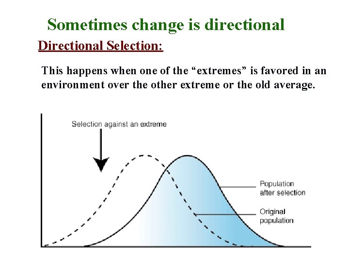 Sometimes change is directional Directional Selection: This happens when one of the “extremes” is