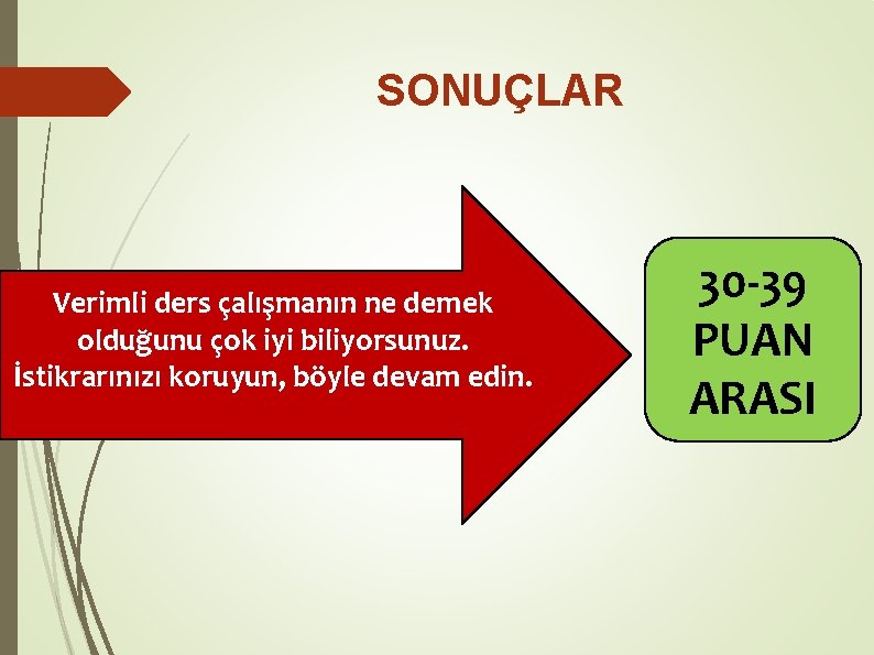 SONUÇLAR Verimli ders çalışmanın ne demek olduğunu çok iyi biliyorsunuz. İstikrarınızı koruyun, böyle devam