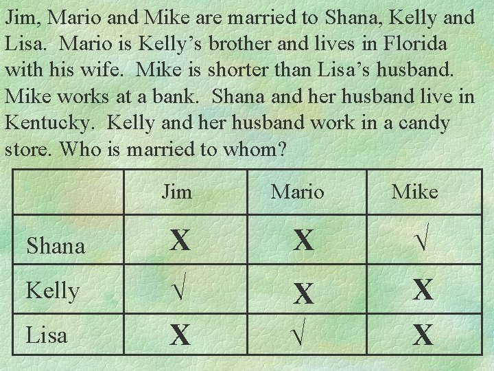 Jim, Mario and Mike are married to Shana, Kelly and Lisa. Mario is Kelly’s