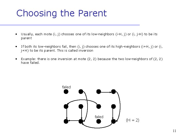 Choosing the Parent • Usually, each mote (i, j) chooses one of its low-neighbors