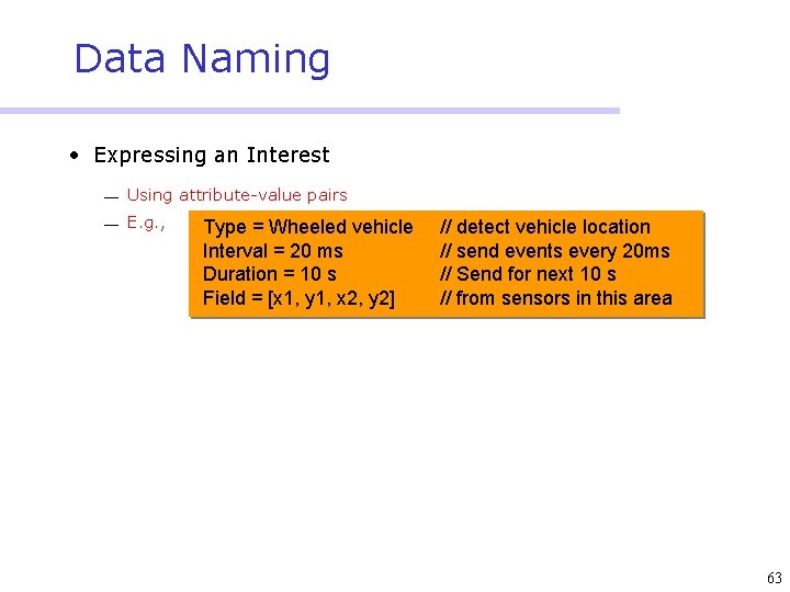 Data Naming • Expressing an Interest ¾ Using attribute-value pairs ¾ E. g. ,